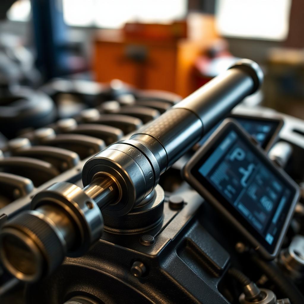 Close-up of a torque wrench and diagnostic tablet on an engine