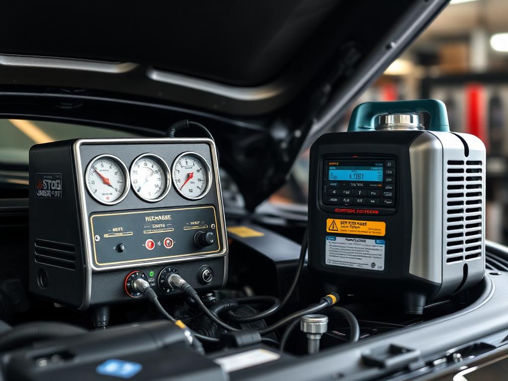Air conditioning recharge machine connected to a car engine bay
