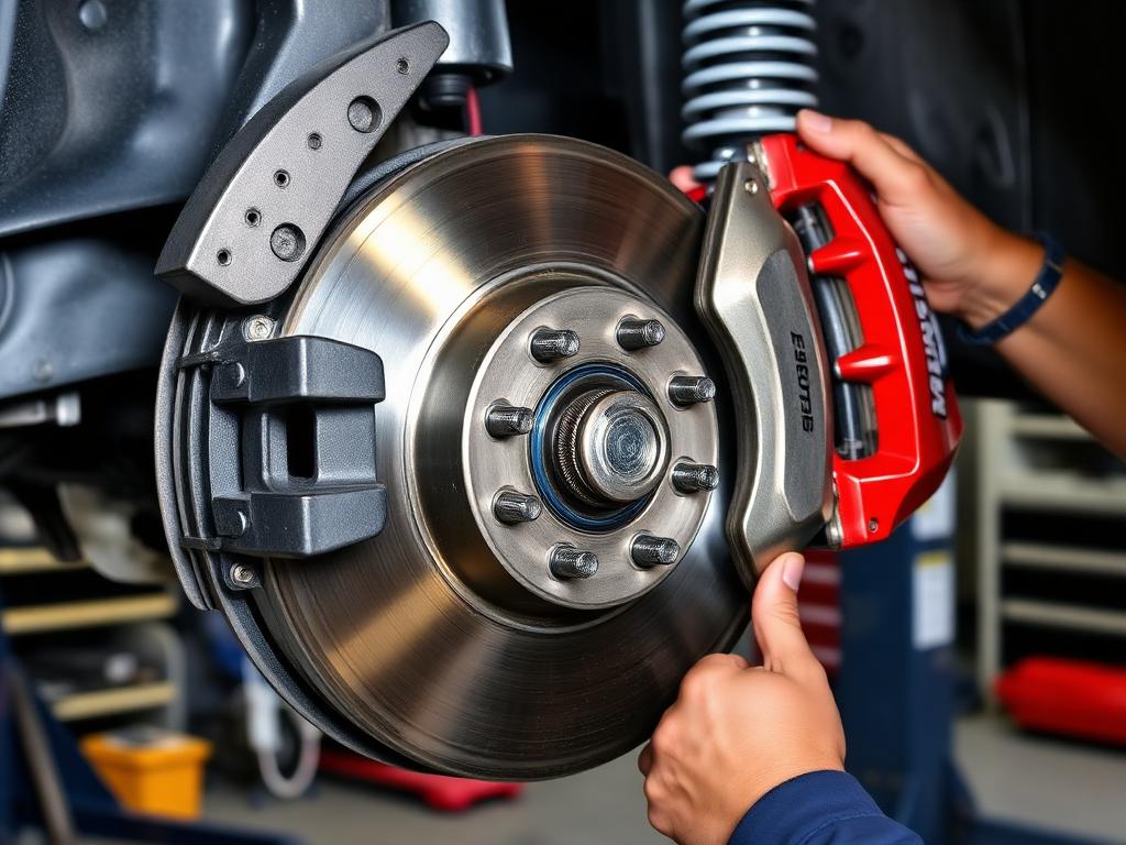 Brake disc and caliper being replaced with the wheel removed