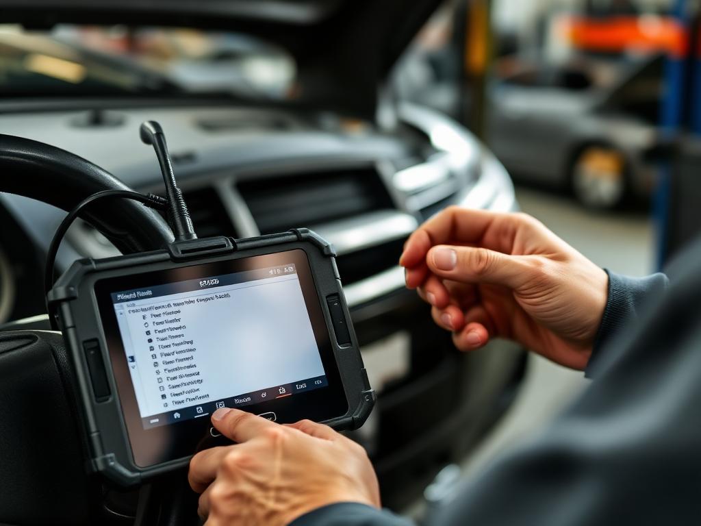 Technician reading engine fault codes on a diagnostic scan tool