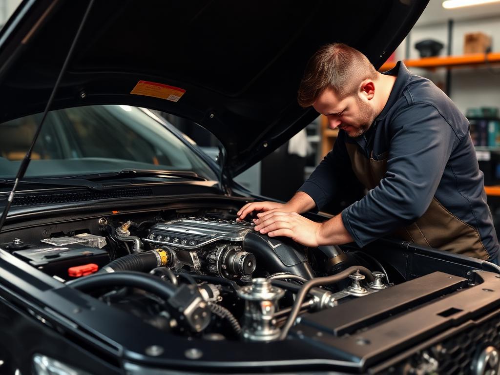 Mechanic carrying out repairs in an open car engine bay