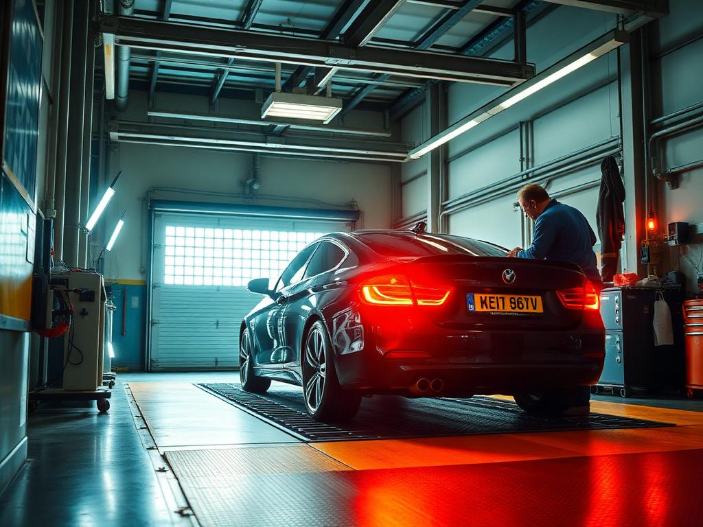 Car undergoing an MOT inspection on an automated test lane