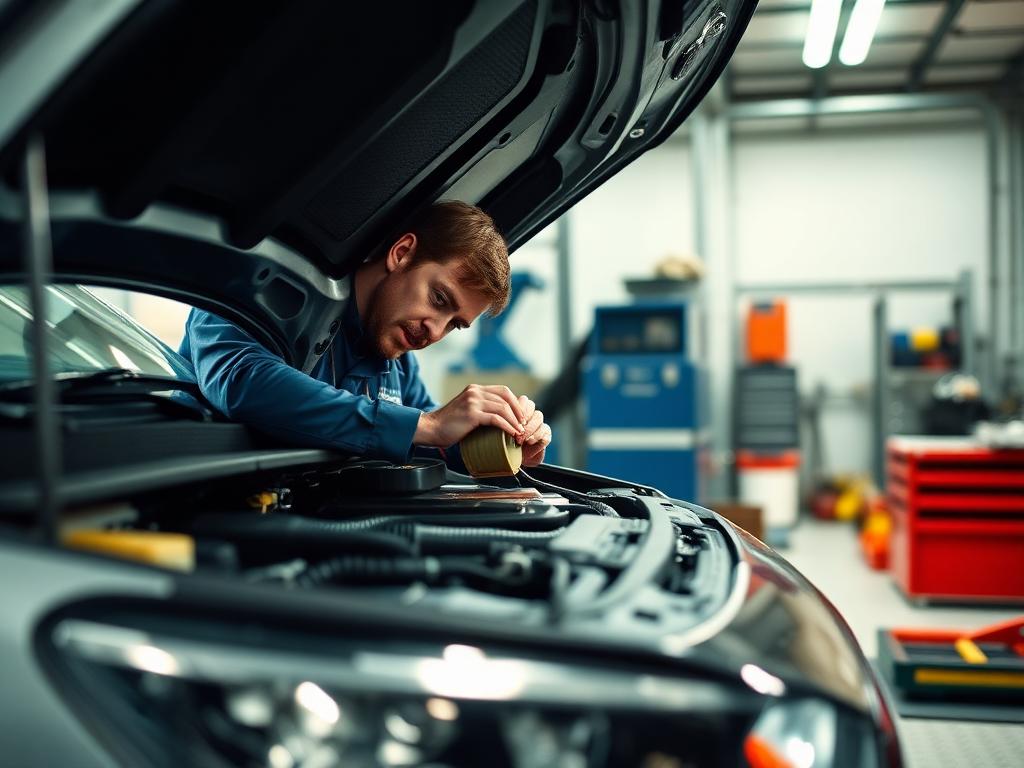 Mechanic changing engine oil and filter during a full car service